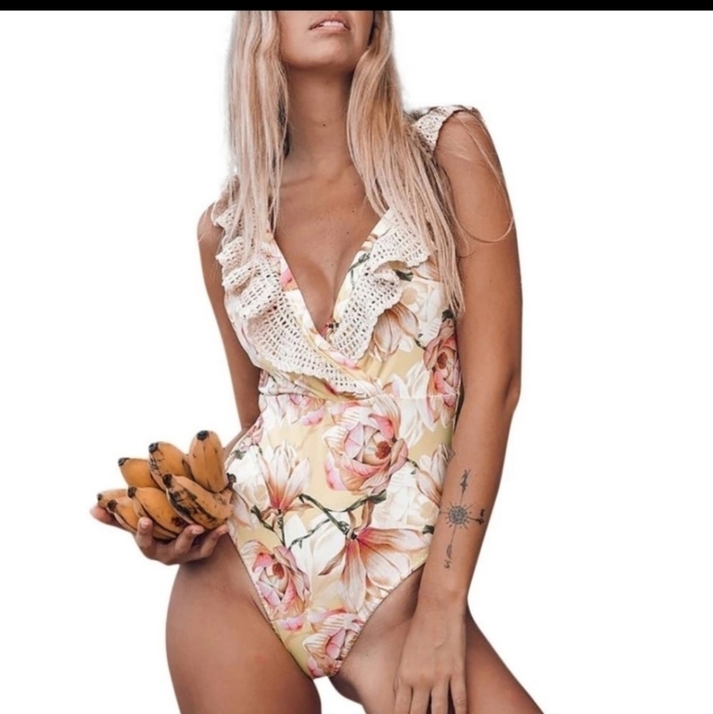 Floral & Eyelet Lace One Piece Swimsuit